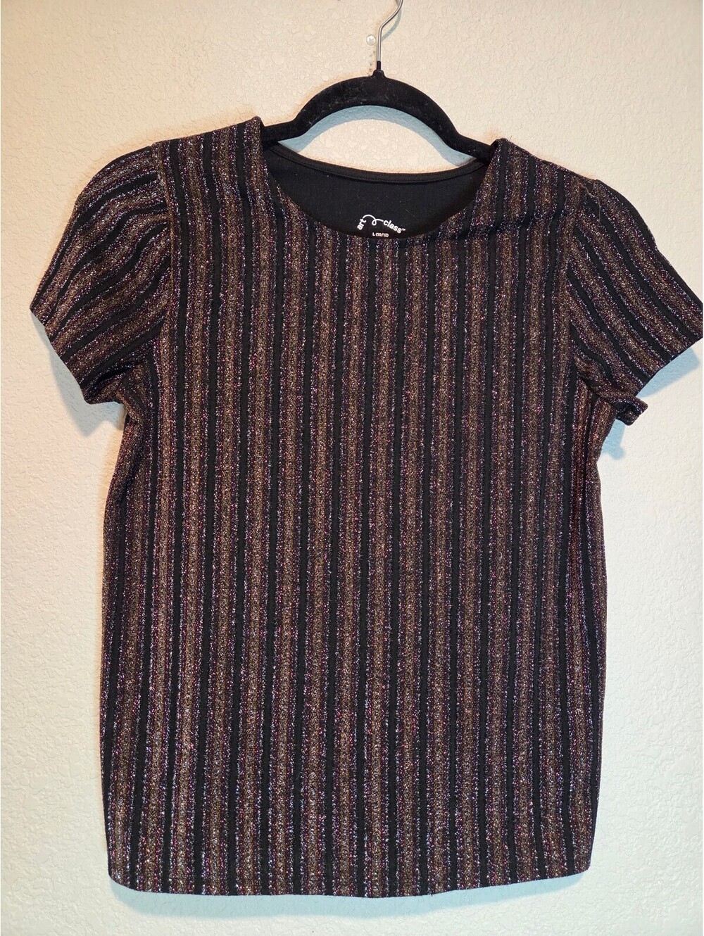 Art Class Black Glitter Striped Short Sleeve Top, Large